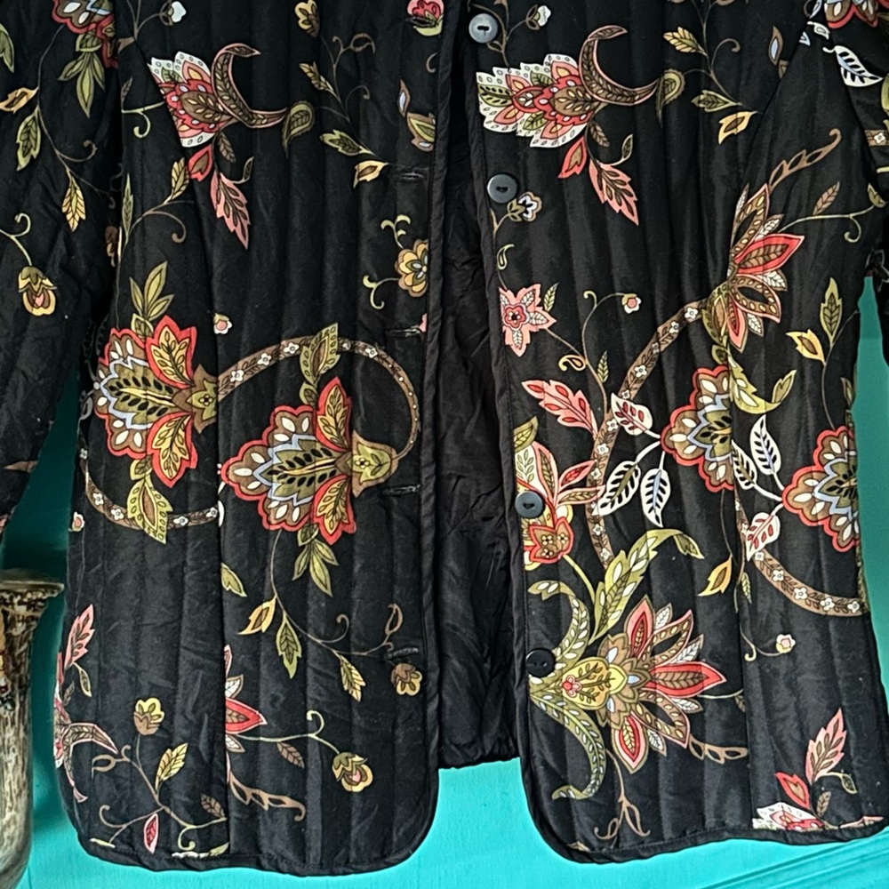 Quilted Silk Artisan Jacket Small Petite Black Floral Coat Boho Quiet Luxury - Picture 5 of 8